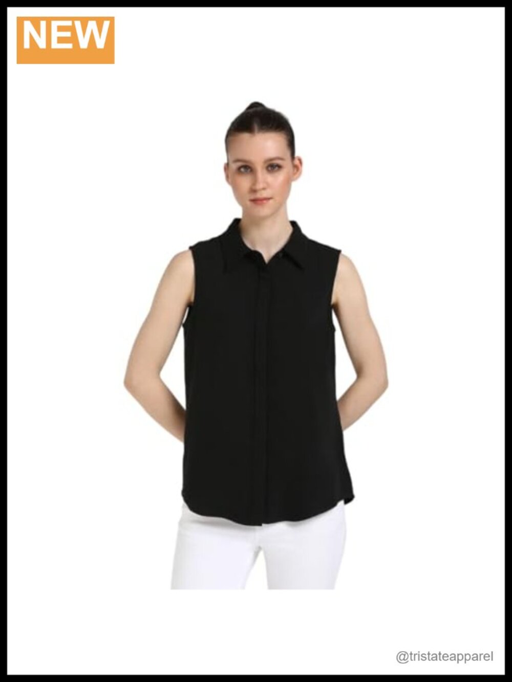 Sleeveless Button-Down Top Crepe Classic Fit Point Collar Women's Blouse
